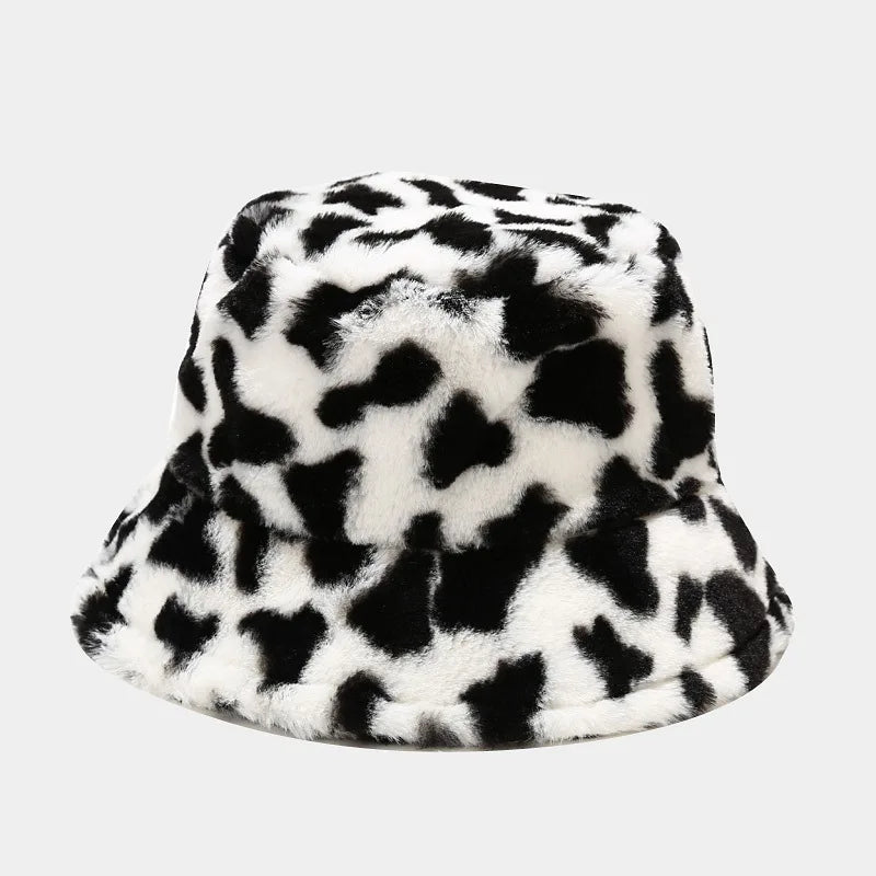 Panda Print Faux Fur Bucket Hat Winter Cap For Women Men