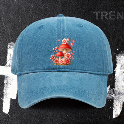 Baseball Cap with Mushroom and Flower Print