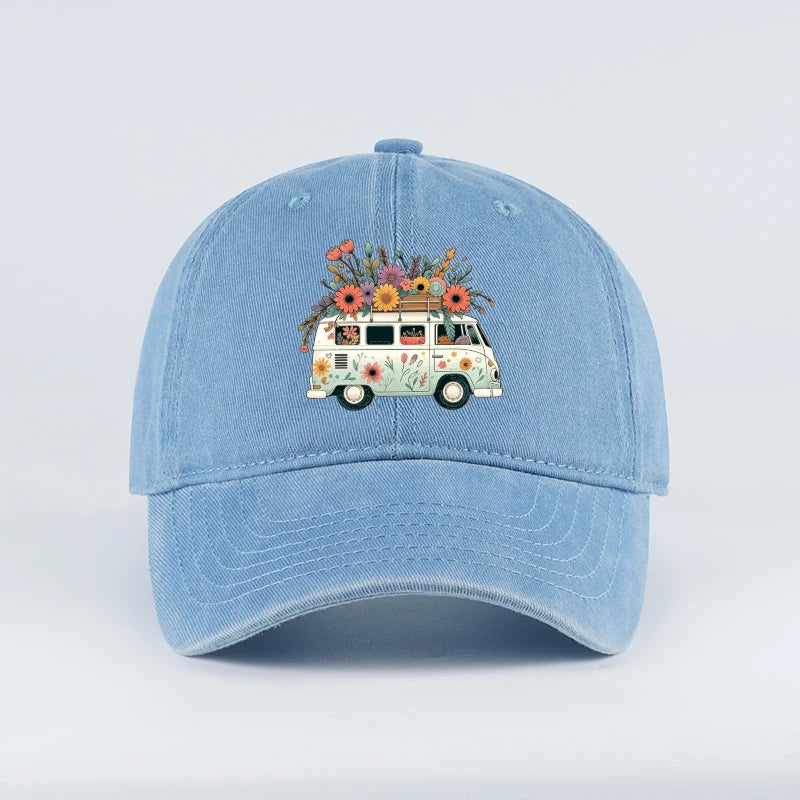 Vintage Floral Van Print Washed Baseball Cap
