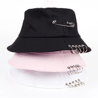 Solid Color Iron Pin Rings Personality Bucket Hat