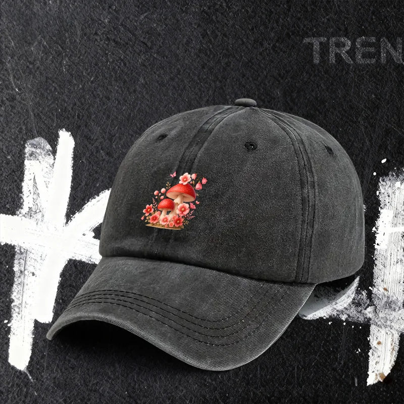 Baseball Cap with Mushroom and Flower Print