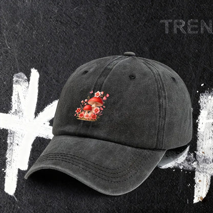 Baseball Cap with Mushroom and Flower Print