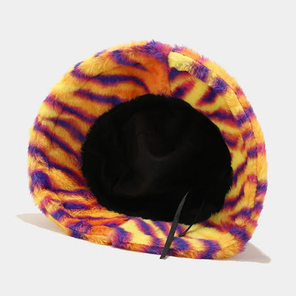 Winter Zebra Pattern Faux Fur Fluffy Bucket Hat