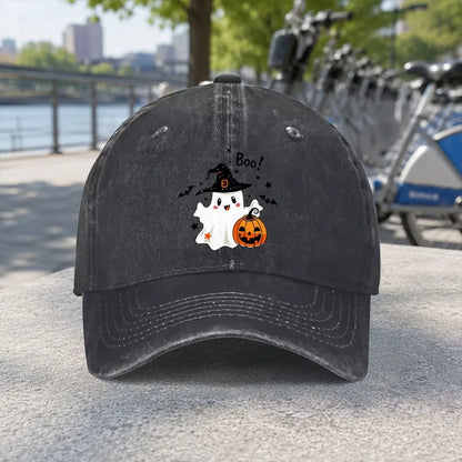 Lovely Boo Ghost Witch Pumpkin Bat Print Washed Baseball Cap