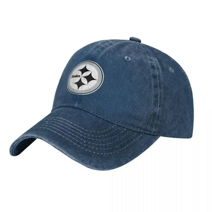 Black and White Steeler Logo Baseball Caps Vintage Denim Washed Headwear