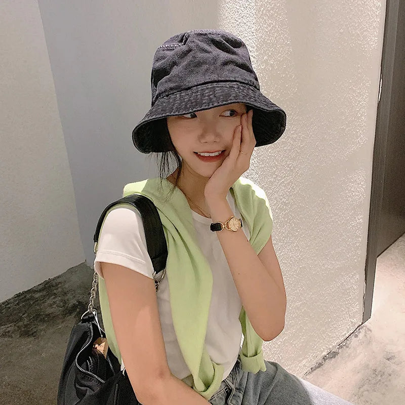 Retro Washed Cowboy Bucket Hat Women Men Wide Brim Sunhat Spring Summer