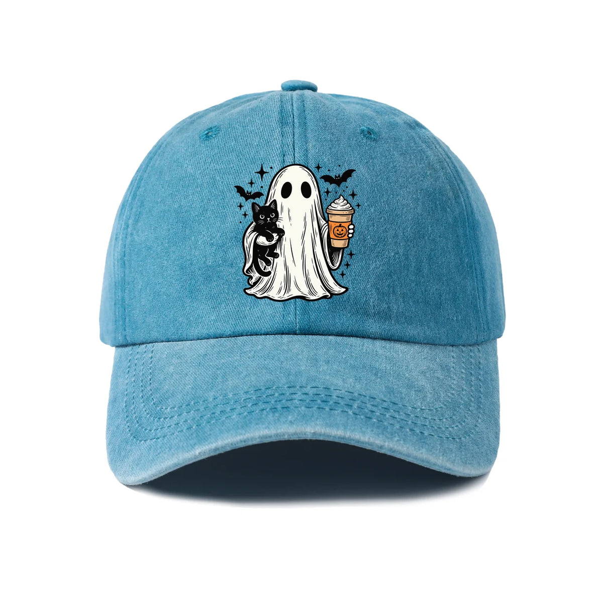 Vintage Washed Ghost Black Cat Coffee Graphic Baseball Cap