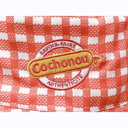 Unisex Bucket Hat Pig Cochonou Embroidery Red Plaid Style