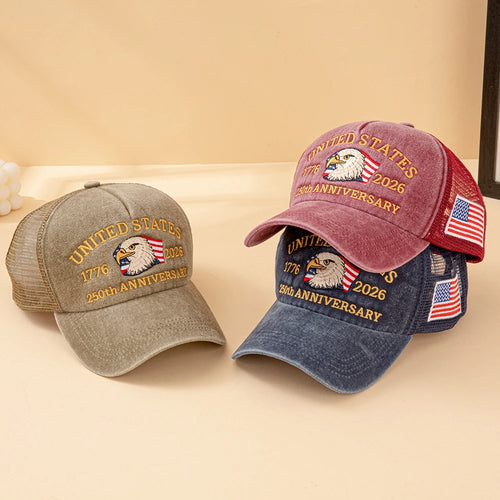 United States 250th Anniversary 1776-2026 Bald Eagle Embroidered Washed Mesh Baseball Cap