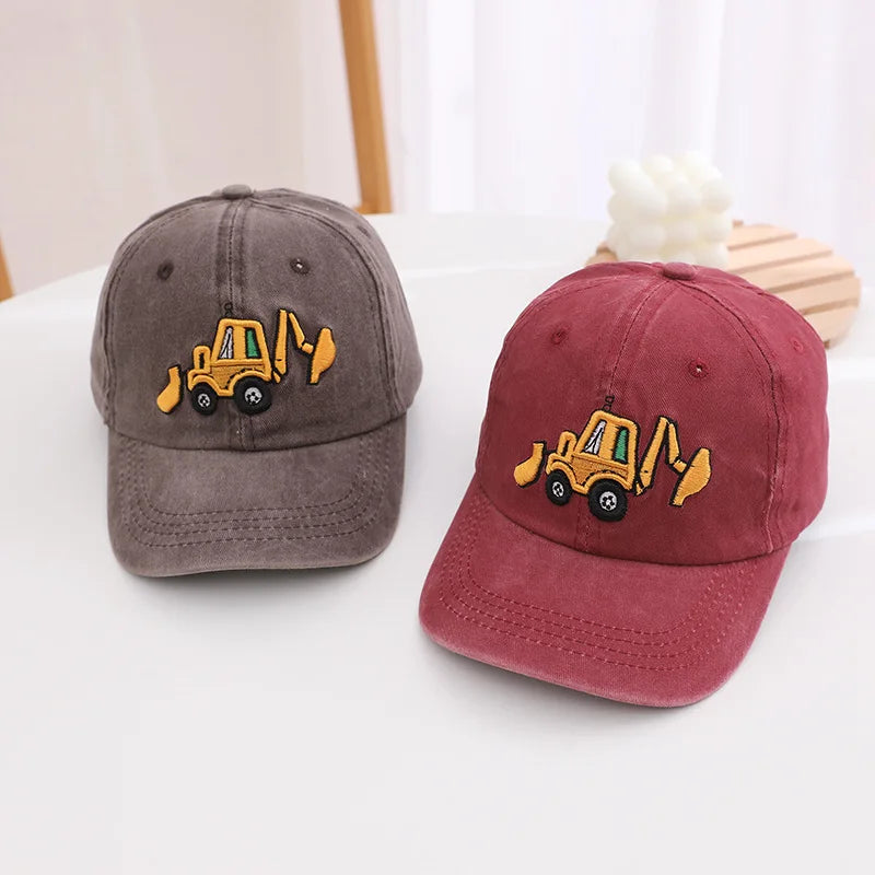 School Kids Baseball Hats Bulldozer Excavator Embroidered Boys