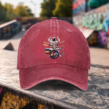 Astronaut Drummer Graphic Washed Baseball Cap