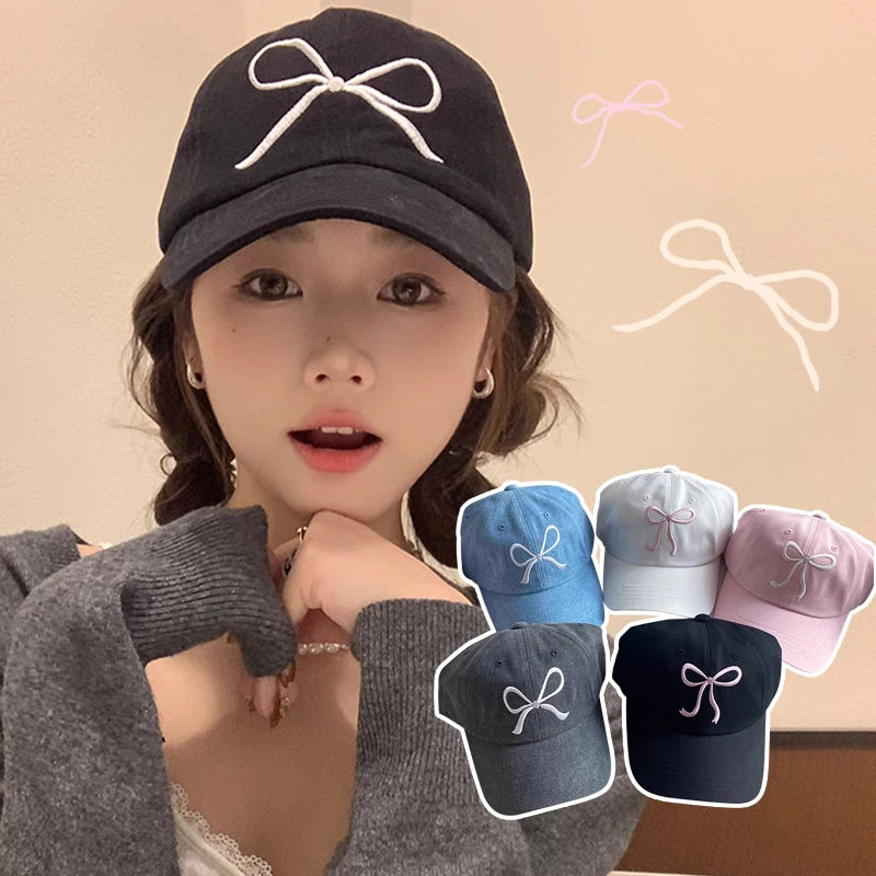 Korean Bow Baseball Cap Women Y2K Pink Bows Embroidered