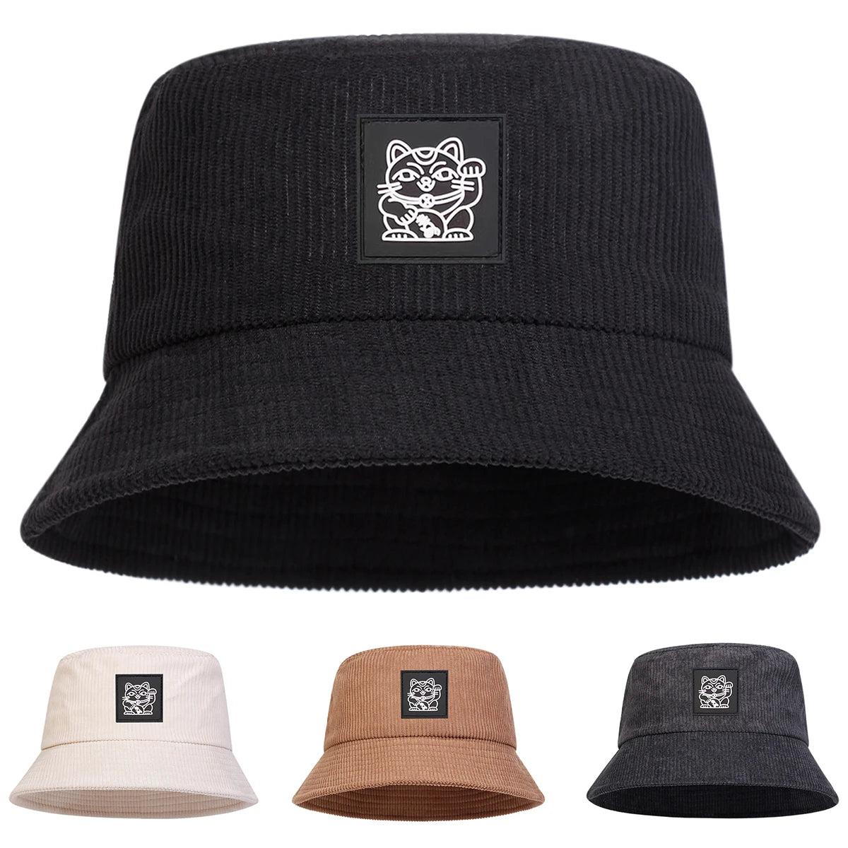 Unisex Lucky Cat Label Personality corduroy Bucket Hats Fisherman Caps Outdoor