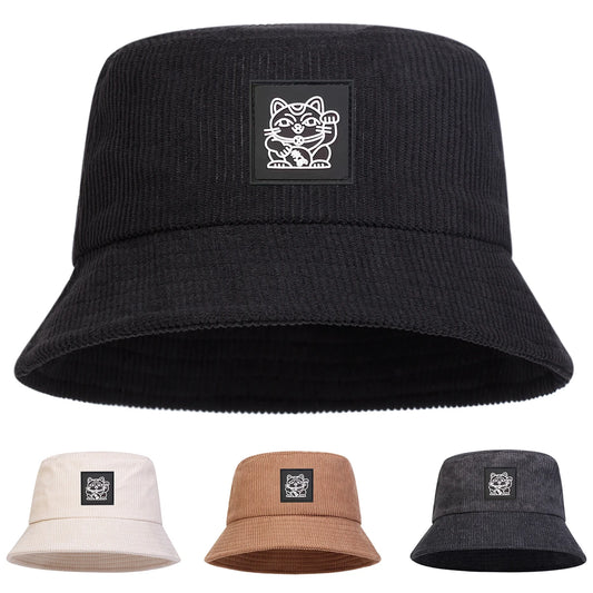 Unisex Lucky Cat Label Personality corduroy Bucket Hats Fisherman Caps Outdoor