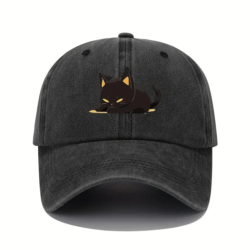Retro Style Black Cat Printed Baseball Cap With Adjustable Sun Protection