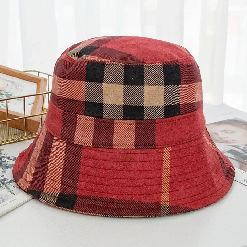 Women Bucket Hats Foldable Plaid Pattern Sun Hats Japanese Casual Winter Warm