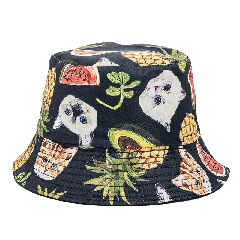 Unisex Bucket Hats Summer Double-Sided Wear Fruit Printing Men Women