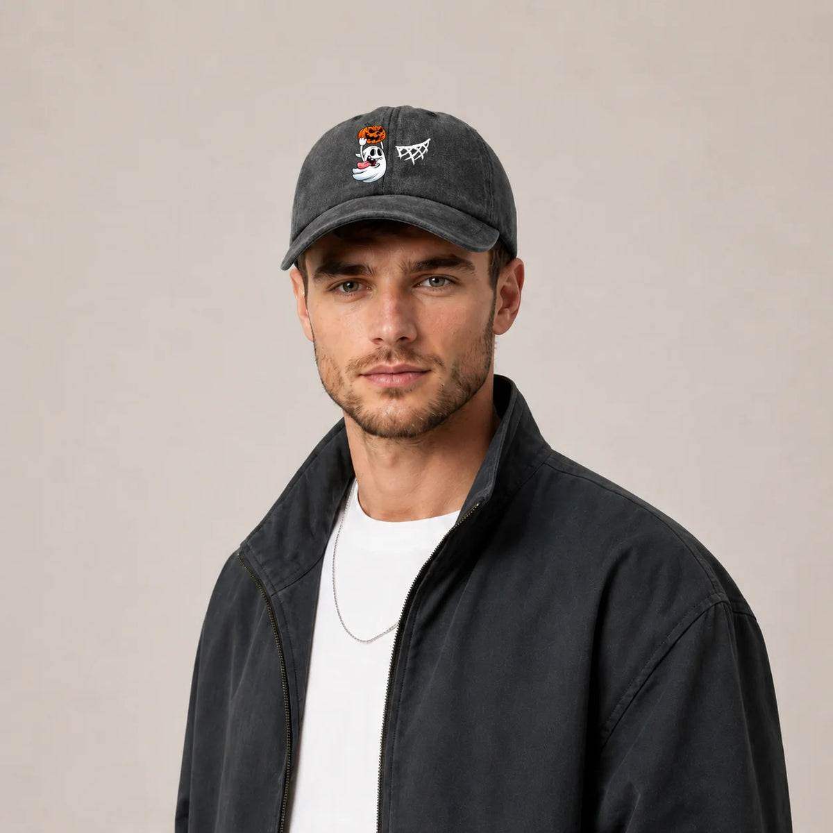 Vintage Washed Ghost Pumpkin Spider Web Graphic Baseball Cap