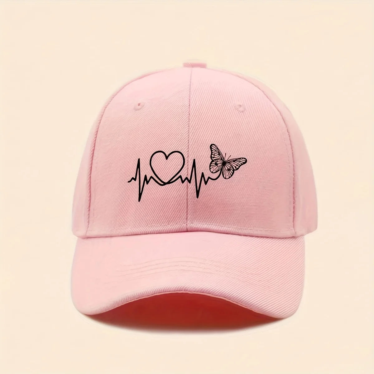 A Minimalist Baseball Cap With White Butterfly Heartbeat Print Design