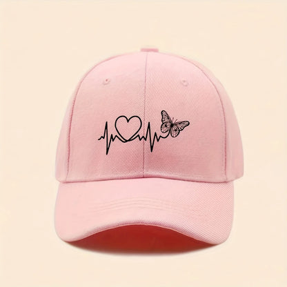 A Minimalist Baseball Cap With White Butterfly Heartbeat Print Design