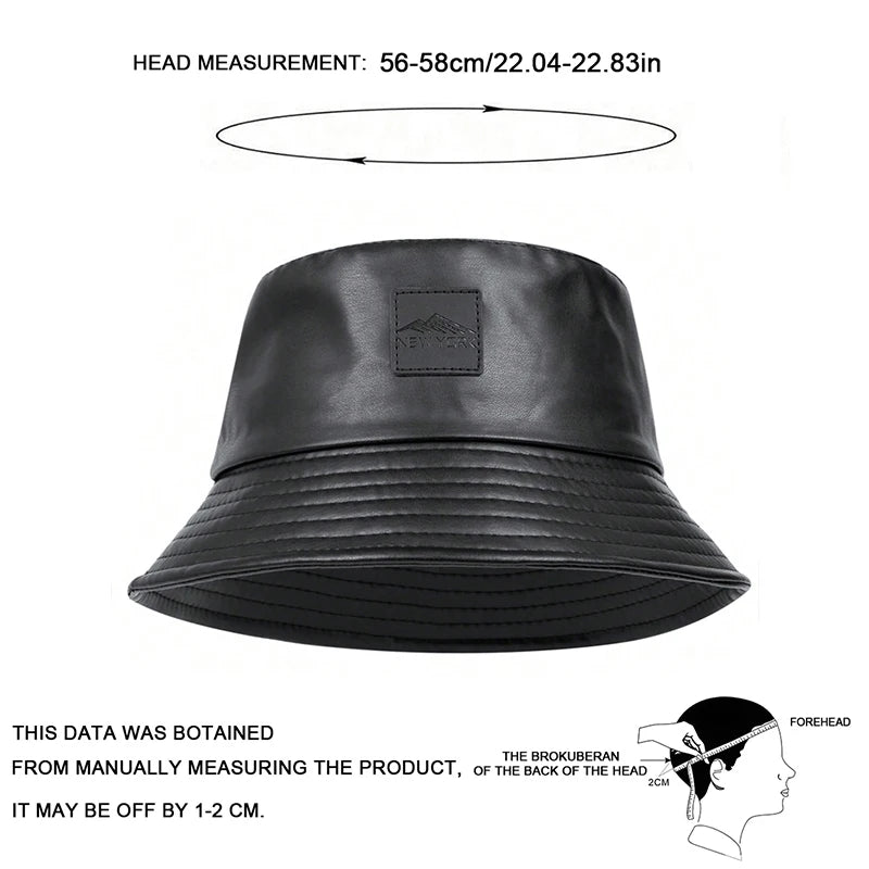 Unisex PU Leather Label Mountain Stamp Range Bucket Hats Fishermen Caps