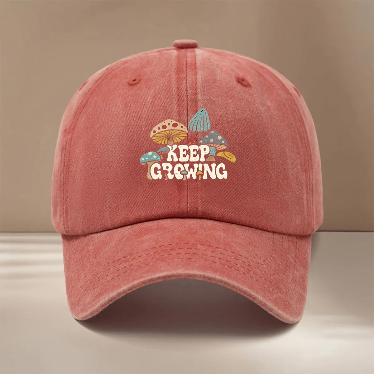 Baseball Cap With "KEEP GROWING" Text And Mushroom Pattern
