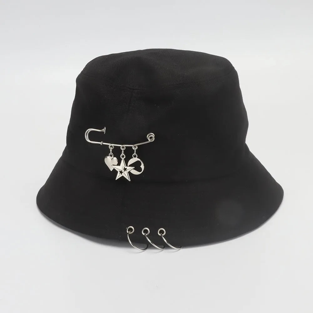 Bucket Hat Women Men Unisex Folding Fisherman Hat Black Metal Ring Flat Top Hip Hop Hats