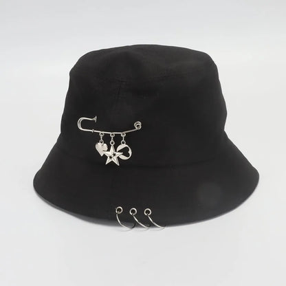 Bucket Hat Women Men Unisex Folding Fisherman Hat Black Metal Ring Flat Top Hip Hop Hats