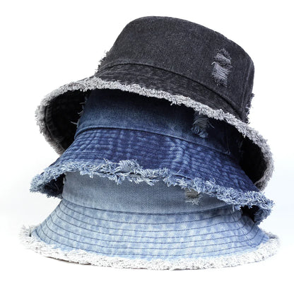 Unisex Solid Color Distressed Cowboy Bucket Hats