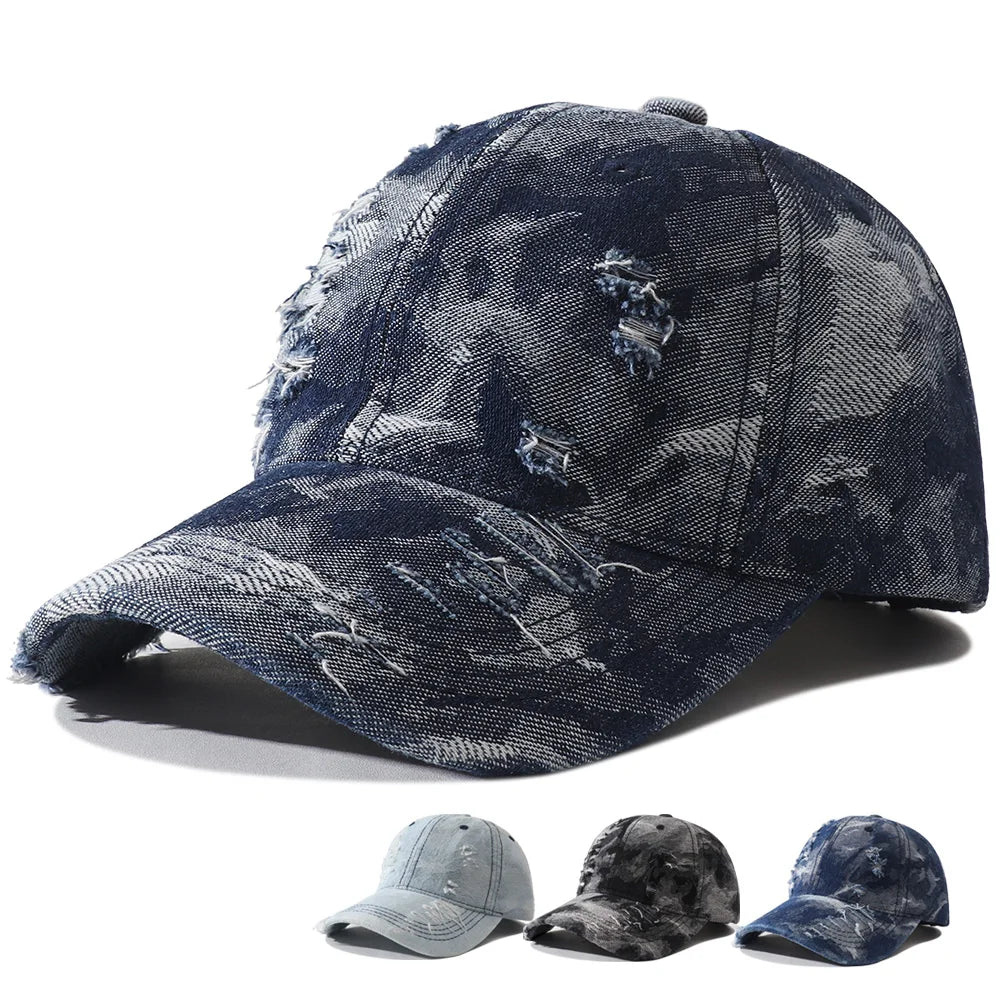 Vintage Distressed Denim Baseball Cap Hip Hop Streetwear Washed Ripped