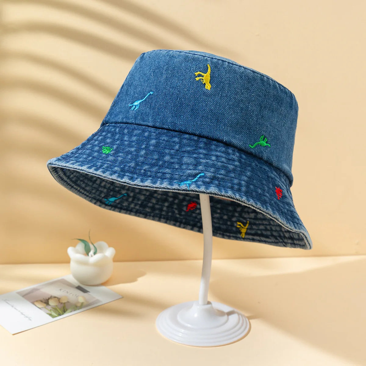 New Denim Summer Bucket Hat For Women Embroidery Cute Cartoon Dinosaur