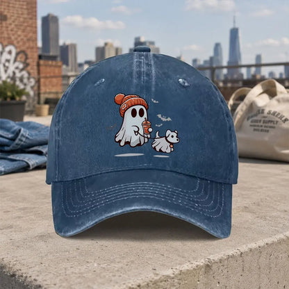 Retro Casual Halloween Ghost Dog Washed Baseball Cap