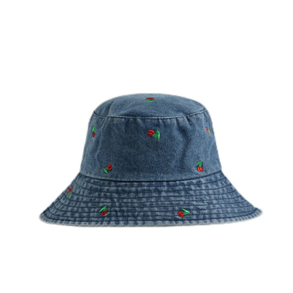 Spring Summer Strawberry Embroidery Denim Jeans Bucket Hat For Men Women