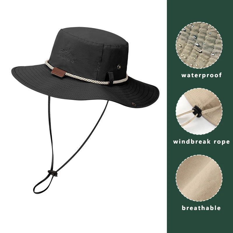 Men Bucket Hat Summer Leather Rope Chain Sun Hat Waterproof