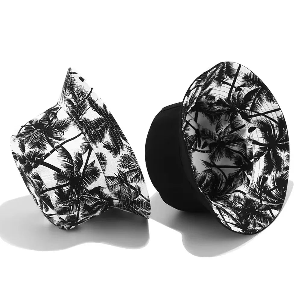 Reversible Coconut Tree Printed Black White Fisherman Bucket Hats
