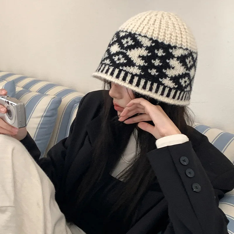 Winter Warm Knitted Hat for Women Retro Embroidered Wool Blend Bucket Hats