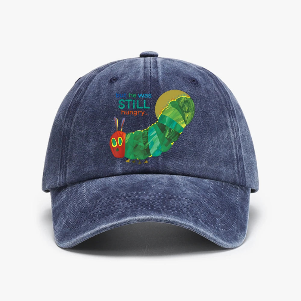 Funny Cartoon Graphic The Very Hungry Caterpillar Printed Washed Baseball Cap