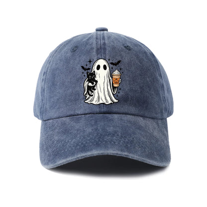 Vintage Washed Ghost Black Cat Coffee Graphic Baseball Cap