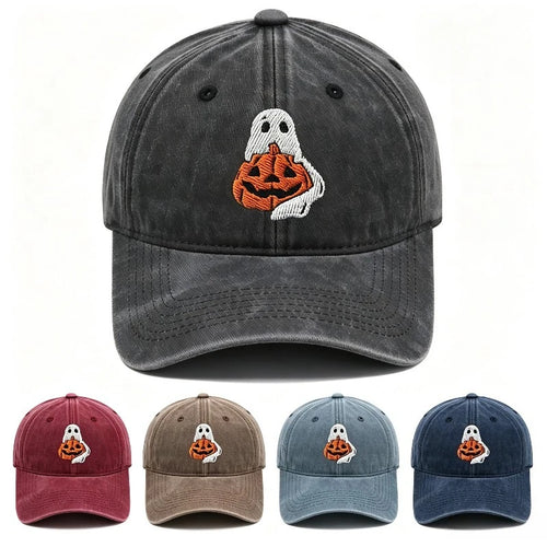 Vintage Washed Ghost Wrapping Pumpkin Embroidery Baseball Cap