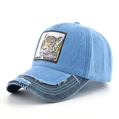 Vintage Denim Baseball Cap With Embroidery Leopard Patch