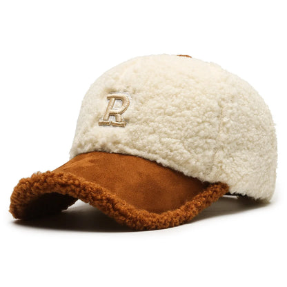 Trendy Big Letter Embroidery Men Winter Hats White Brown Lambswool Baseball Cap For Women