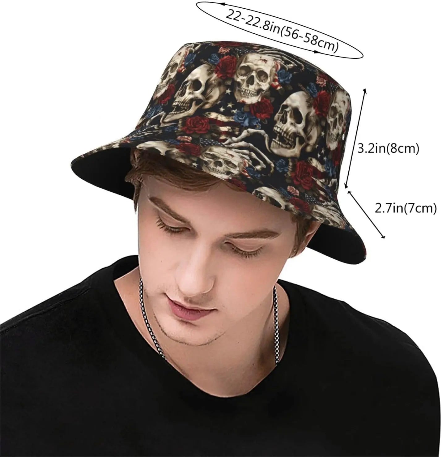American Flag Skull and Roses Bucket Hat