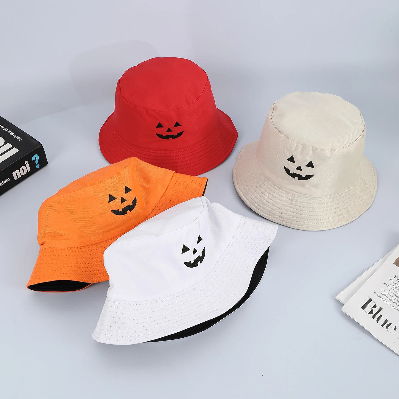 New Halloween-Themed Embroidered Pumpkin Smiling Bucket Hat
