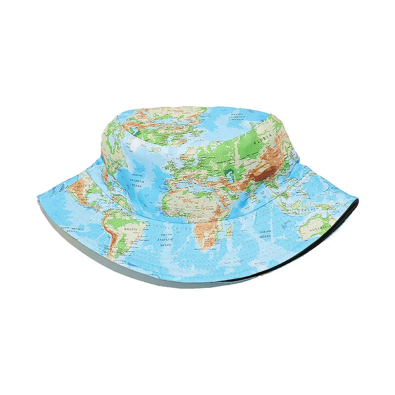 World Map Print Fisherman Hat Breathable Foldable Bucket Hat