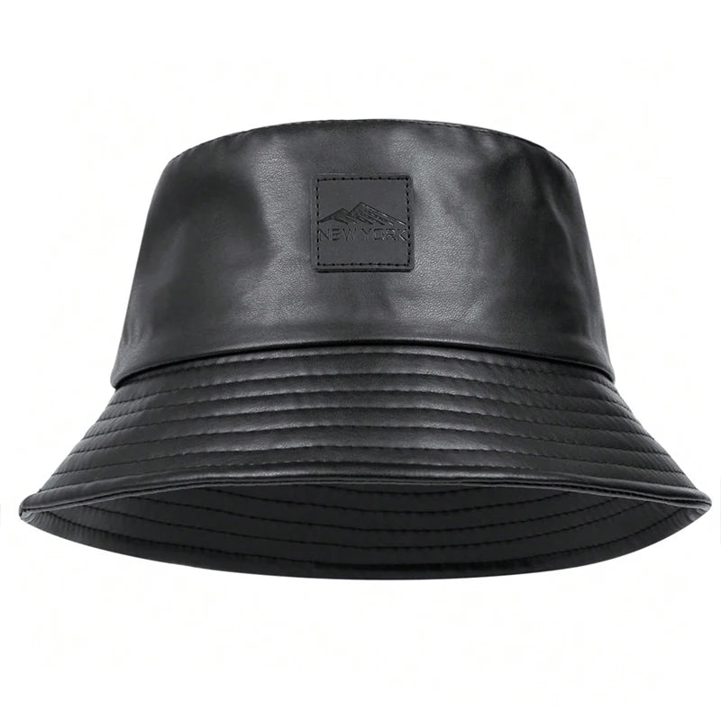 Unisex PU Leather Label Mountain Stamp Range Bucket Hats Fishermen Caps