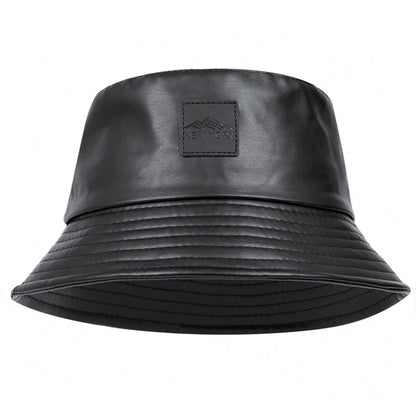 Unisex PU Leather Label Mountain Stamp Range Bucket Hats Fishermen Caps