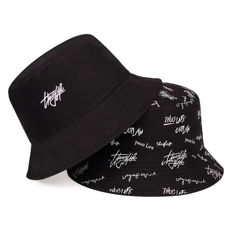 Unisex Double Sided Wearable Thug Life Embroidery Personality Bucket Hats