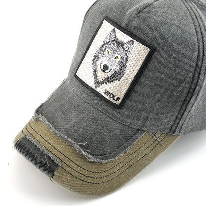 Vintage Denim Baseball Cap With Embroidery Wolf Patch Men Women