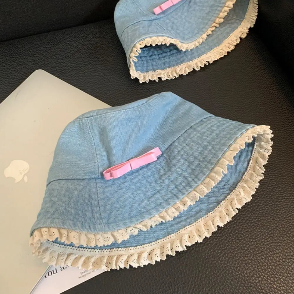 Casual Big Brimmed Denim Bucket Hat Y2K Sunscreen Lace Fisherman Hat