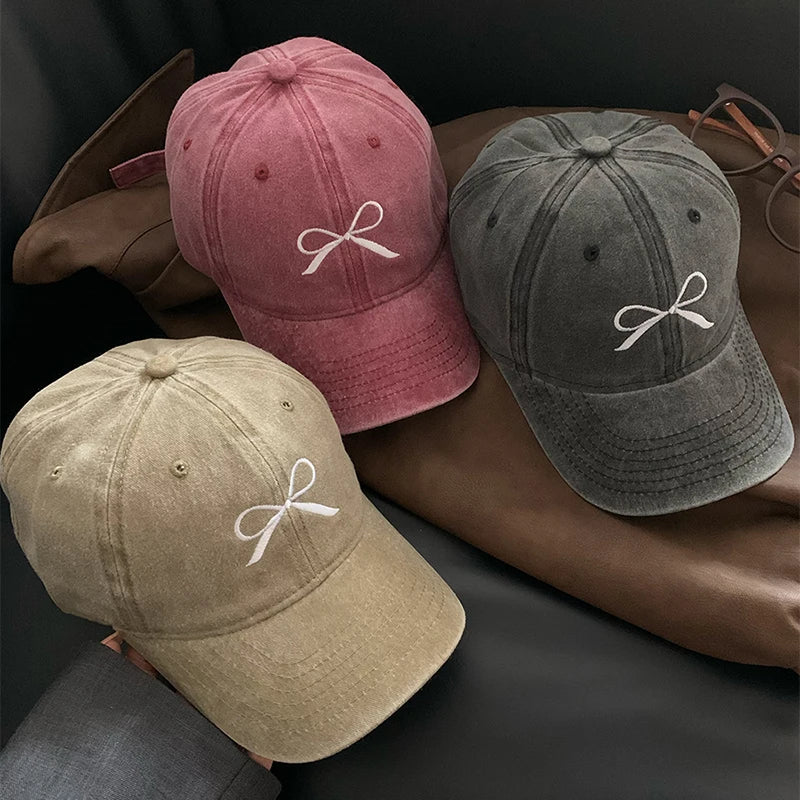 Pink Bow Baseball Cap For Women Y2K Korean Washed Denim Snapback Hat